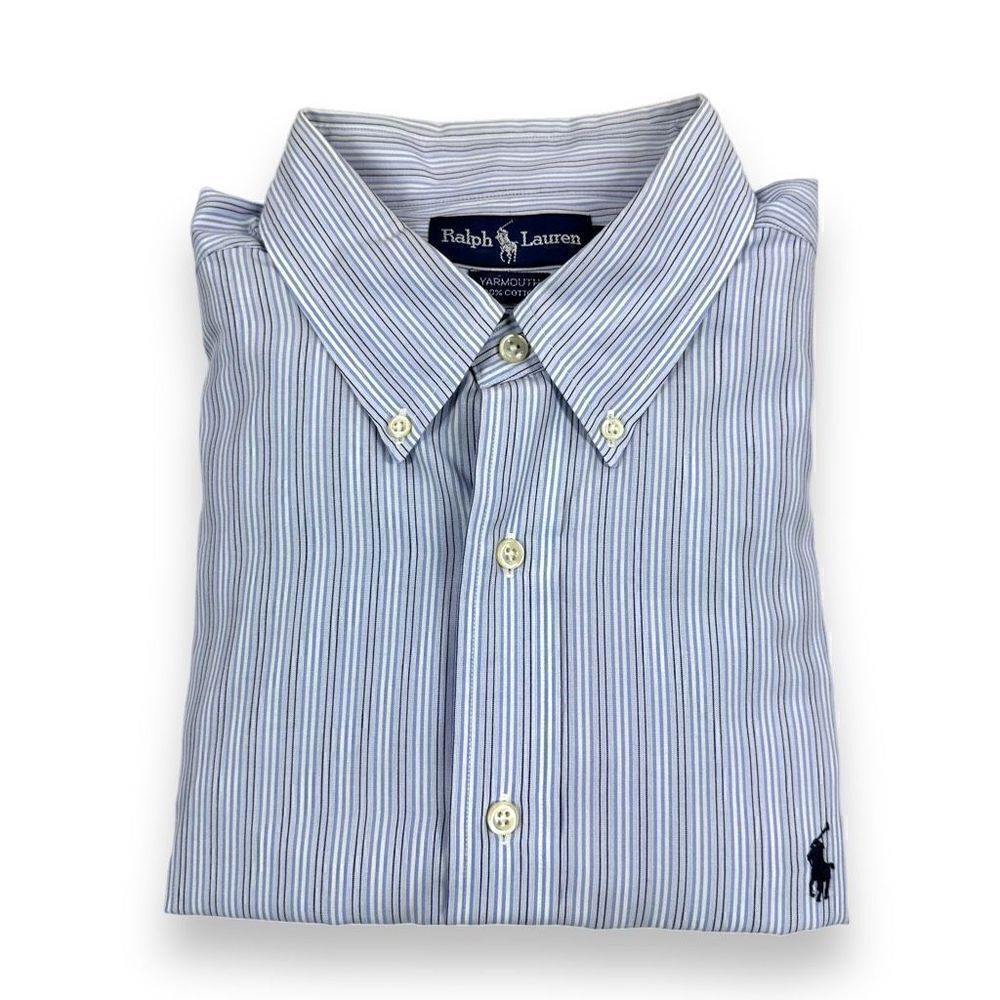Ralph Lauren Shirt 17.5 34/35 Blue‎ Pinstripe Yarmouth Long Sleeve Button Down